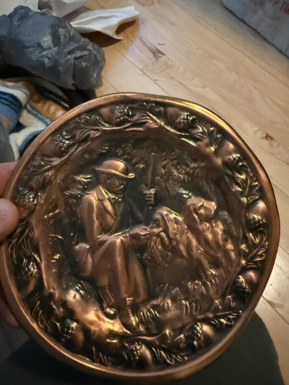 Embossed Copper-Tone Decorative Wall Plaque - Hunting Scene (great piece)